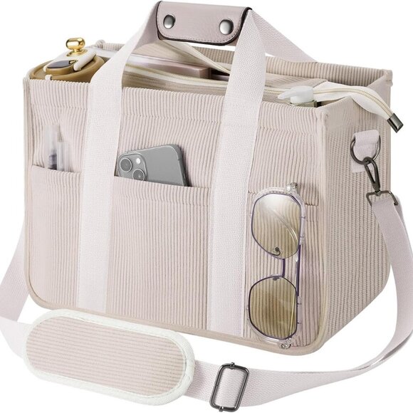 Women Large Corduroy Tote Bag with Pockets Adjustable Strap Everyday Purse - Picture 1 of 7